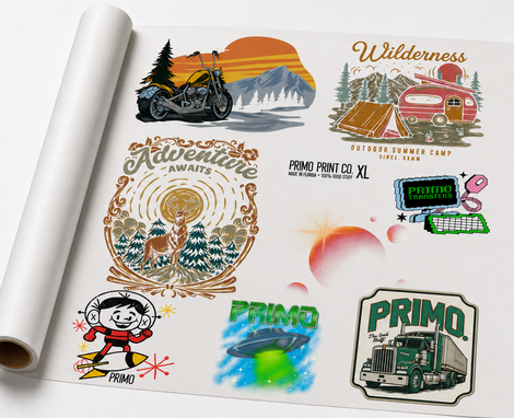 Build a gang sheet online with Primo Transfers, arrange and size your DTF artwork using our gang sheet builder tool